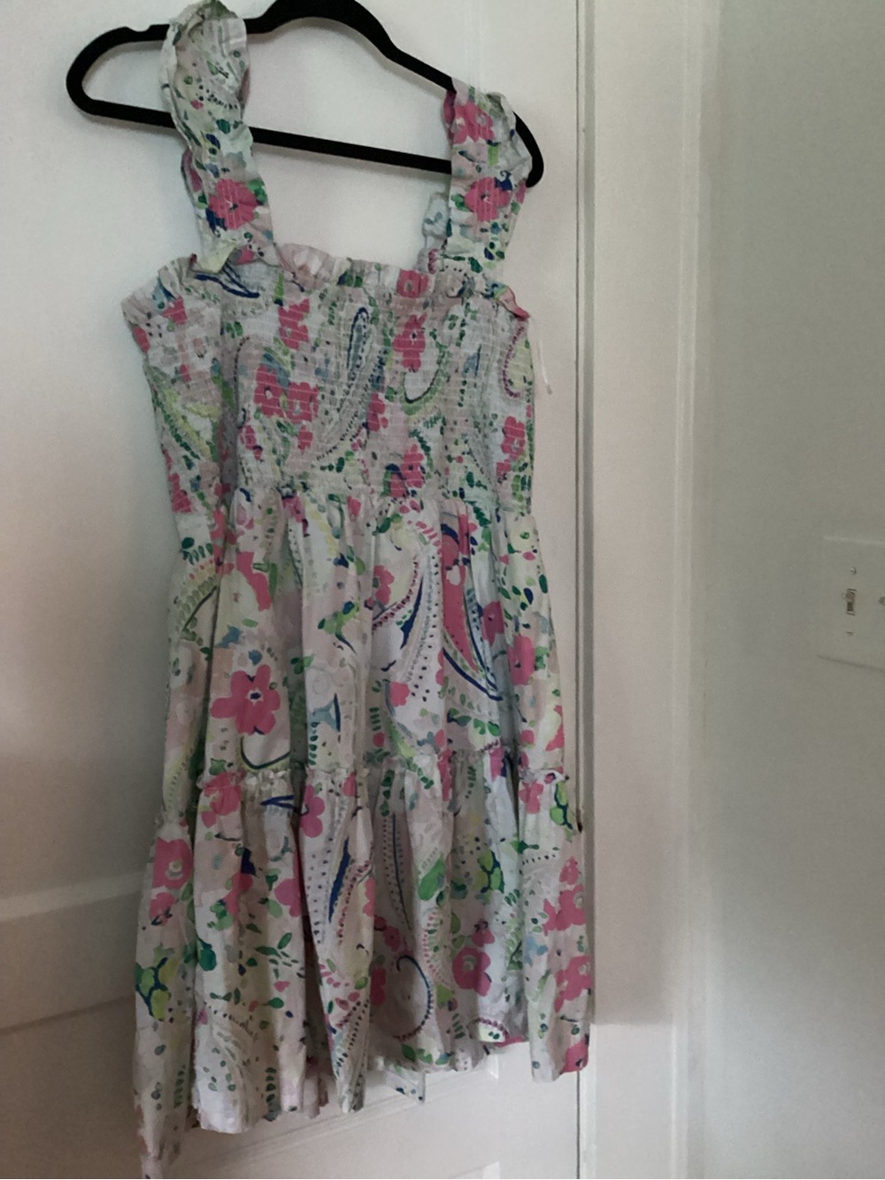 crown & ivy White Floral Smocked Midi Dress with Pink & Green Accents